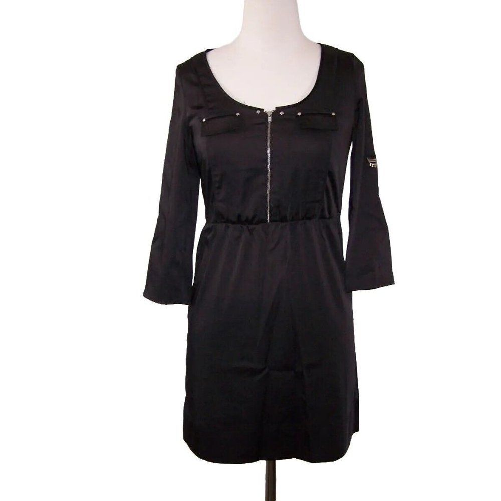 White House Black Market Size 0 Satin Dress 3/4 Roll Up Sleeve Elastic Waist